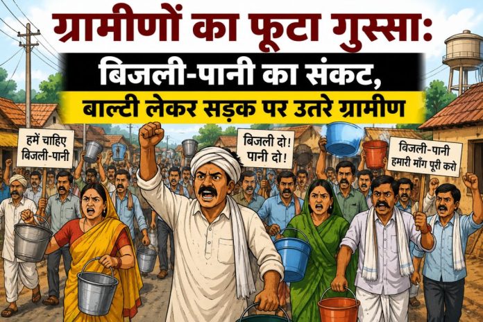 बिजली और पानी की समस्या को लेकर बाल्टियां हाथ में लेकर प्रदर्शन करते ग्रामीणों का सांकेतिक कार्टून चित्र।